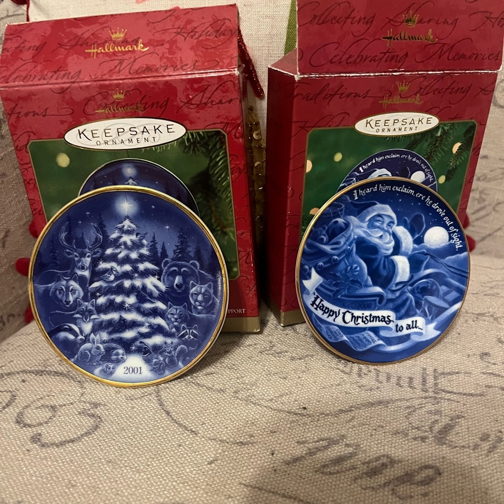 TWO Hallmark Keepsake Collector’s Plate Christmas Ornaments